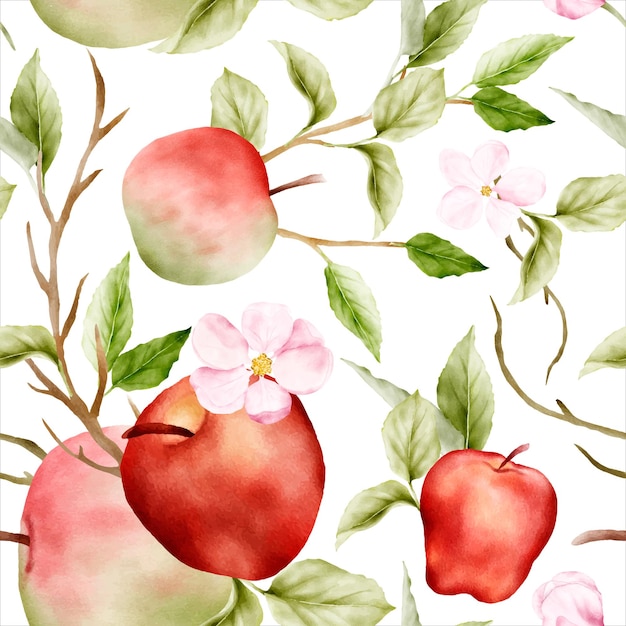 Free vector beautiful watercolor botanical apple and pink floral seamless pattern