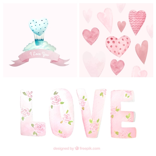 Free vector beautiful watercolor elements of valentine pack