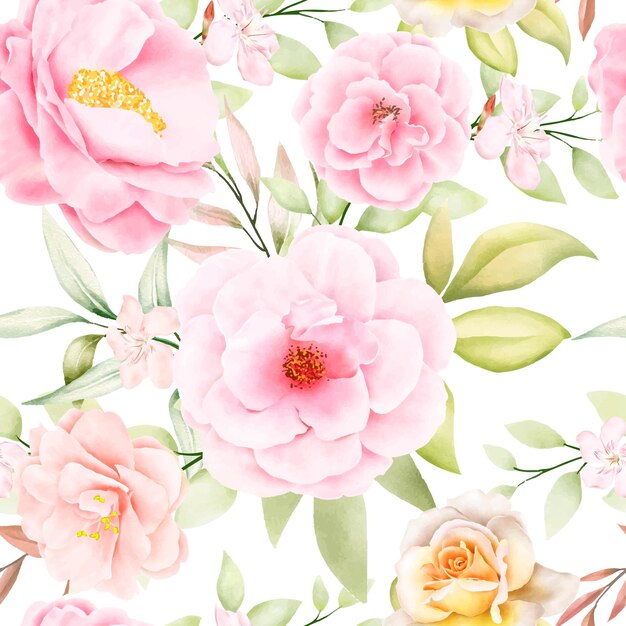 beautiful watercolor floral and leaves seamless pattern