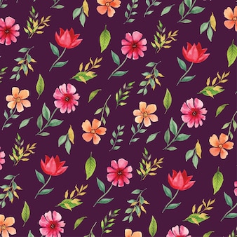 Beautiful watercolor floral pink and orange spring seamless pattern in purple background