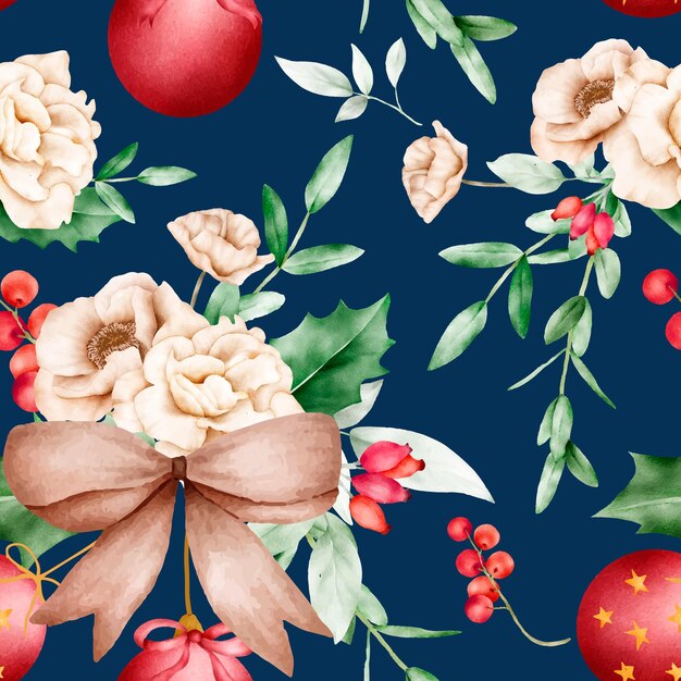 Free vector beautiful watercolor floral seamless pattern with flower and ornamen christmas