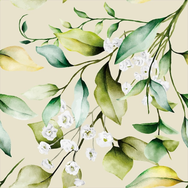 Бесплатное векторное изображение Красивый акварельный цветочный бесшовный узор с листьями зелени и белым цветком