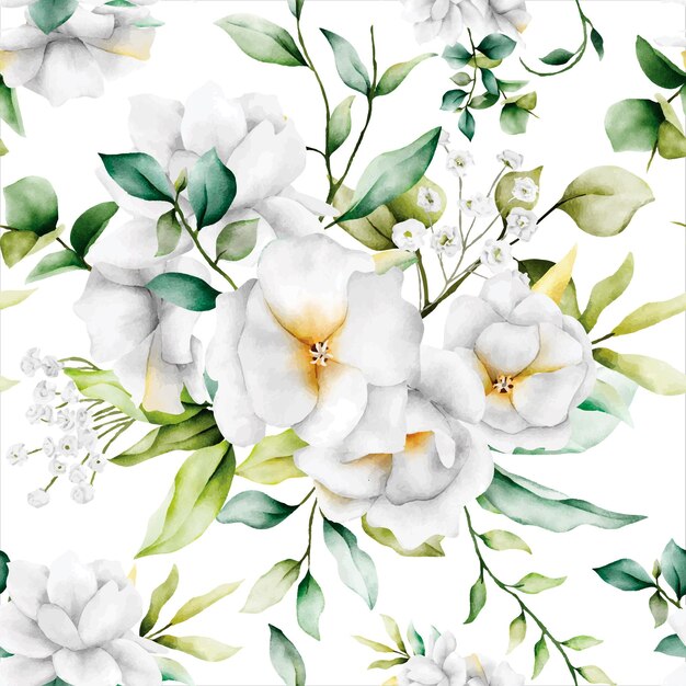 Vettore gratuito bellissimo motivo floreale senza cuciture ad acquerello con foglie verdi e fiore bianco
