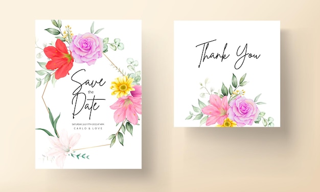 Free vector beautiful watercolor floral wedding invitation card set