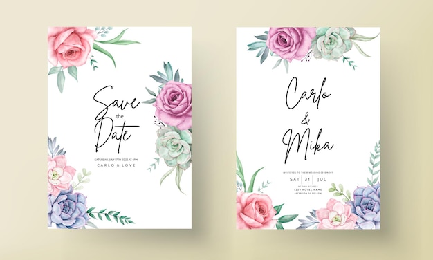 장미와 다육 식물이 있는 아름다운 수채화 꽃 결혼식 초대 카드