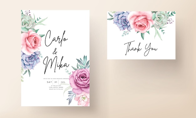 Beautiful watercolor floral wedding invitation card with roses and succulents