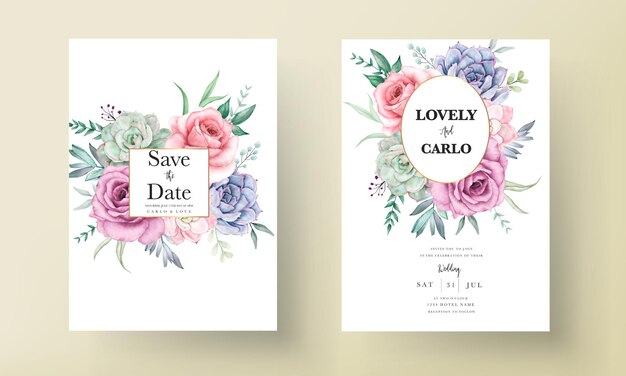 Beautiful watercolor floral wedding invitation card with roses and succulents