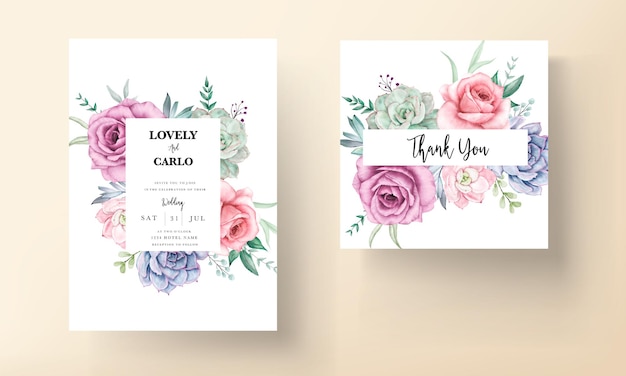 Watercolor floral wedding invitation card with roses and succulents – Free Vector Download