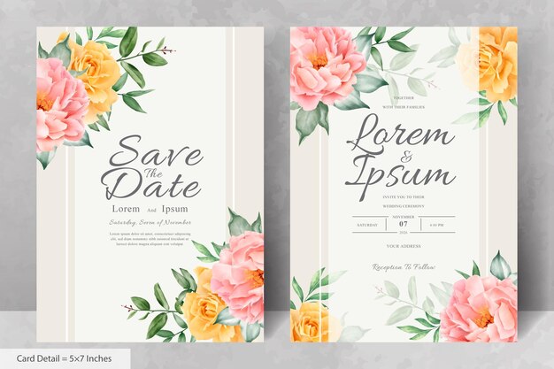 Beautiful watercolor floral wedding invitation set with hand drawn peony and leaves