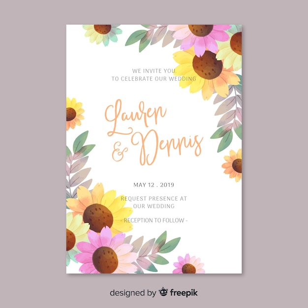 Beautiful watercolor floral wedding invitation template