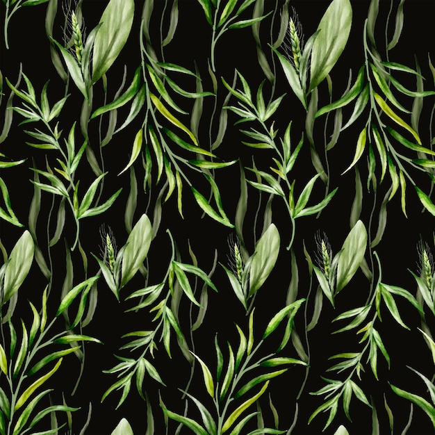 Beautiful watercolor greenery grass leaves seamless pattern