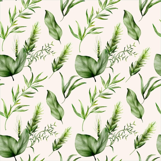 Бесплатное векторное изображение Красивая акварельная зелень травы оставляет бесшовный узор