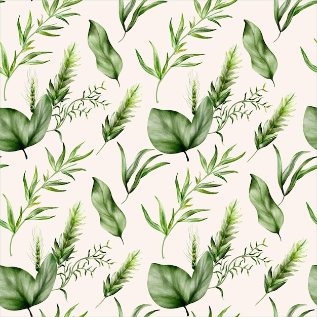 Beautiful watercolor greenery grass leaves seamless pattern