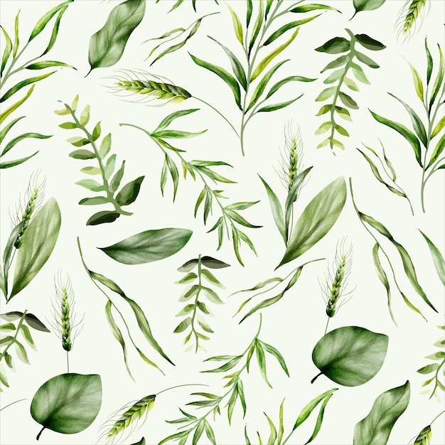 Beautiful watercolor greenery grass leaves seamless pattern