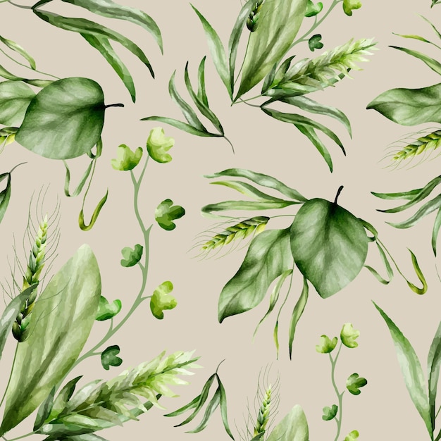 Free vector beautiful watercolor greenery grass leaves seamless pattern