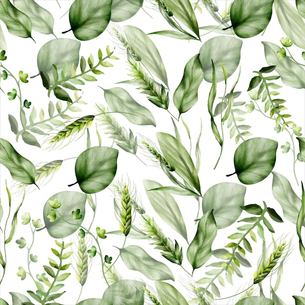 Free vector beautiful watercolor greenery grass leaves seamless pattern