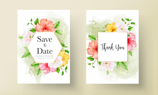 Beautiful watercolor hibiscus flower wedding invitation card template