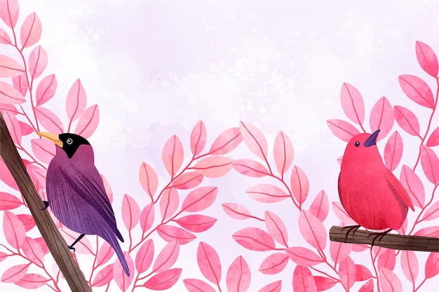 무료 벡터 나뭇 가지에 앉아 새의 아름 다운 수채화 그림