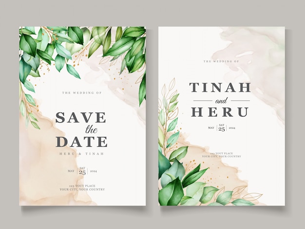 beautiful watercolor leaves wedding card template