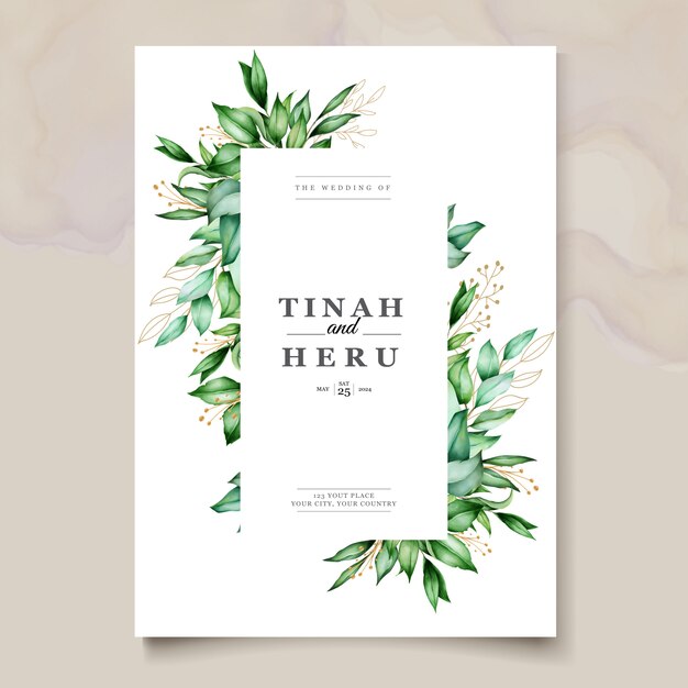 아름다운 수채화 잎 웨딩 카드 템플릿
