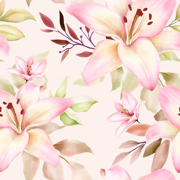 Free vector beautiful watercolor lily seamless pattern