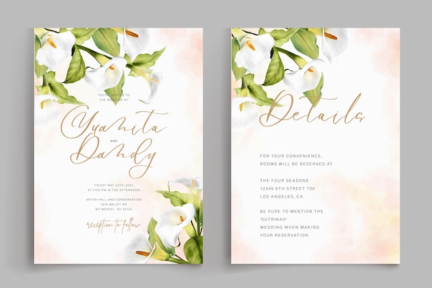 Free vector beautiful watercolor lily wedding card set