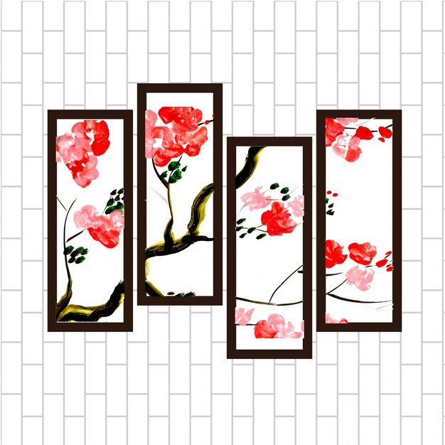 아름 다운 수채화 붉은 꽃 벽 교수형 그림 세트