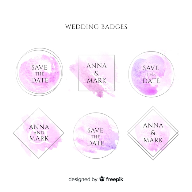 Beautiful wedding badges with watercolor stains