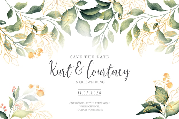 Free vector beautiful wedding card with green and golden leaves