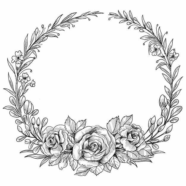 美しい結婚式の円形花フレームスケッチデザイン