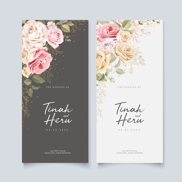 Beautiful wedding invitation card template with floral and leaves
