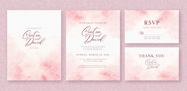 Beautiful wedding invitation card template with splash pink watercolor and flower  background