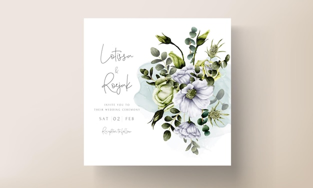 Бесплатное векторное изображение Красивый шаблон свадебного приглашения с белыми и зелеными розами