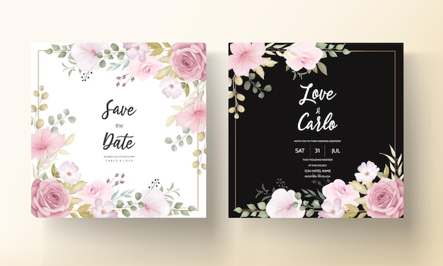 Free vector beautiful wedding invitation card with beautiful flower decoration