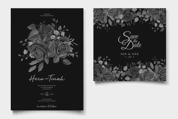 Free vector beautiful wedding invitation card with black floral wreath