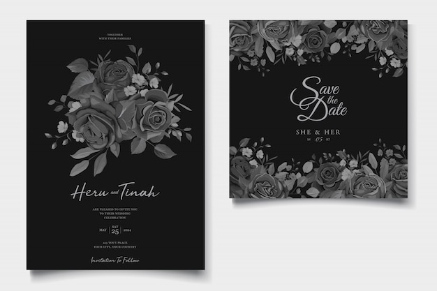 Beautiful wedding invitation card with black floral wreath