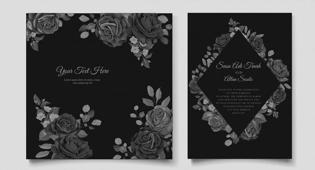 Красивая свадебная пригласительная открытка с черным цветочным венком