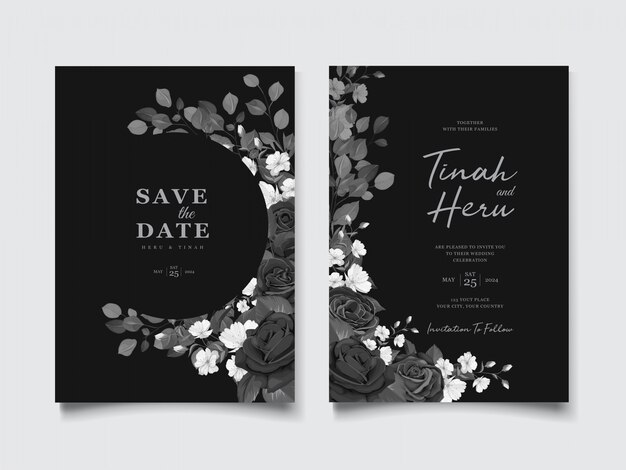 Beautiful wedding invitation card with black floral wreath