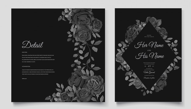 Красивая свадебная пригласительная открытка с черным цветочным венком