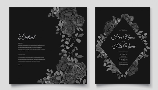 Beautiful wedding invitation card with black floral wreath