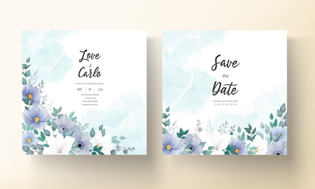 Красивая свадебная пригласительная открытка с синим цветком
