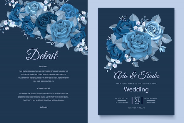 Красивая свадебная пригласительная открытка с классическим синим цветочным венком