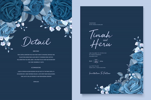 Красивая свадебная пригласительная открытка с классическим синим цветочным венком