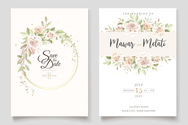 Free vector beautiful wedding invitation card with elegant floral set