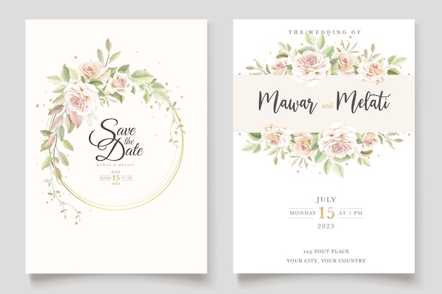 Beautiful wedding invitation card with elegant floral set