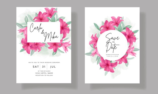 Beautiful wedding invitation card with elegant hand drawn lily flower