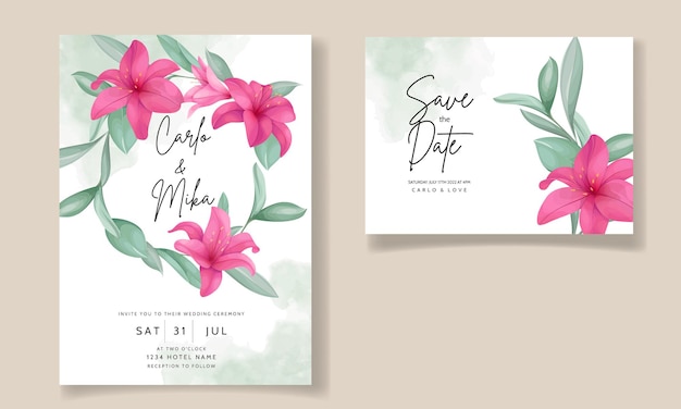 우아한 손으로 그린 백합 꽃과 아름 다운 결혼식 초대 카드