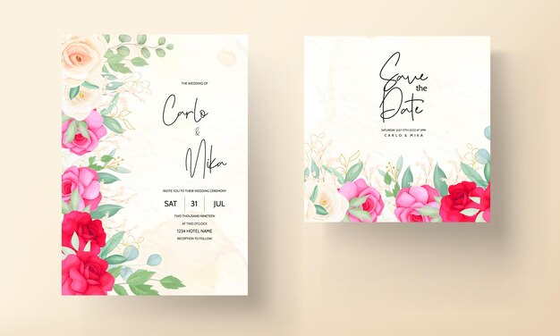 バラの花を手描きで美しい結婚式の招待状