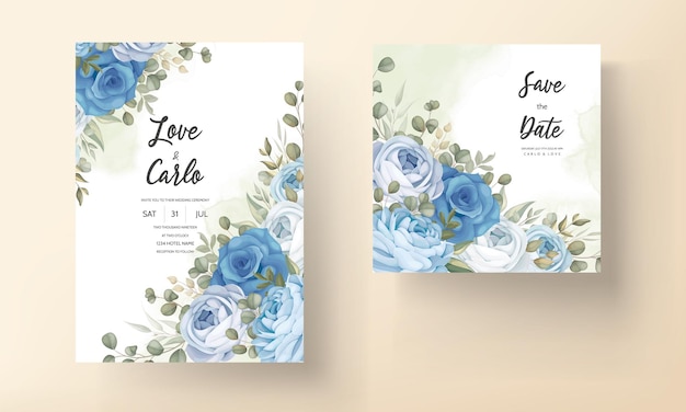 Красивая свадебная пригласительная открытка с рисованными украшениями из синих пионов