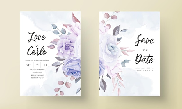紫色の花の飾りと美しい結婚式の招待カード